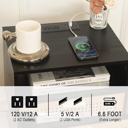 MaxSmeo Mid Century Modern Nightstand with Charging Station, Bedside Tables with Rattan Drawer, Small Wood Nightstand Side Table for Living Room,Bedroom (Black)