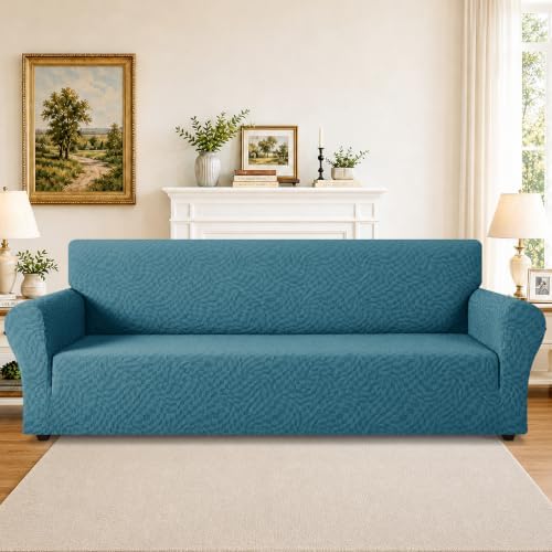 ZNSAYOTX 1 Piece Stretch Oversized Sofa Covers (91"-112"), New Plaid Couch Cover with Non-Slip Buckle for Dog Pets, Ultimate Soft Cozy Washable X-Large Sofa Slipcover Form Fit Protector, Teal