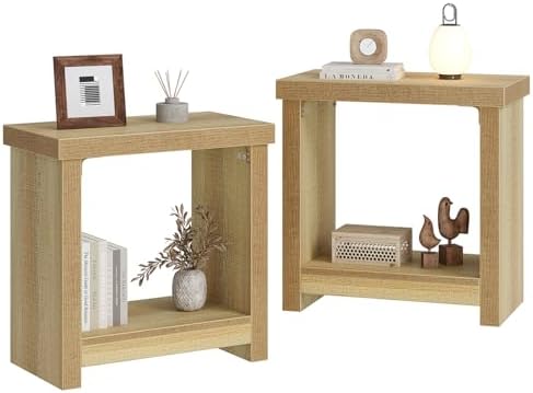 End Tables Set of 2 for Living Room, Narrow Side Tables with Storage Shelves, Square End Table for Bedroom, Slim Nightstand, Skinny Rectangle Accent Table, Farmhouse Bedside Table, Natural (2 Pieces)