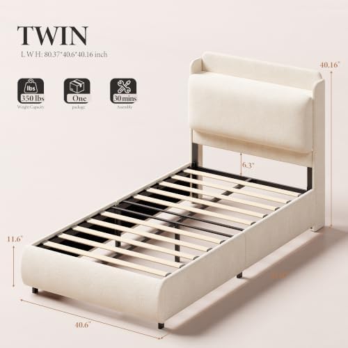 Garvee Twin Size Bed Frame with Recessed Shelf for Kids- Beige