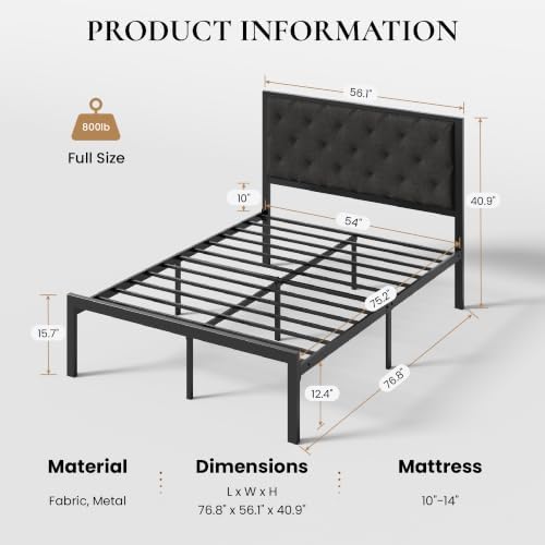 SHA CERLIN Full Size Metal Bed Frame with Linen Tufted Headboard, Dark Gray