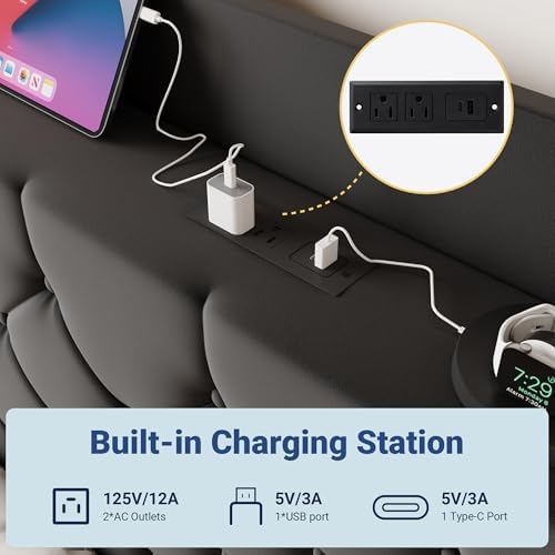 Allewie Full Size Bed Frame, Storage Headboard & Charging Station, Black