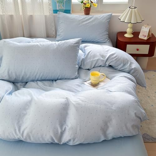 Polka Dot Full Duvet Cover Set Blue Boho Comforter Cover Full Size Cotton Double Gauze Farmhouse Zipper Duvet Cover Set with 2 Pillowcases Cottagecore Girl Bedding Set Cute Duvet Protector