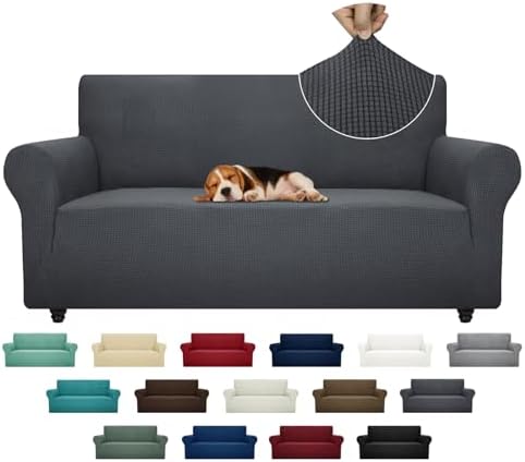 ZNSAYOTX Super Stretch Couch Cover (72"-92") Universal Sofa Covers with Elastic Bottom, Dog Cat Pets Friendly Washable Furniture Protector Fitted Sofa Slipcovers Stay in Place (Dark Grey, Sofa)