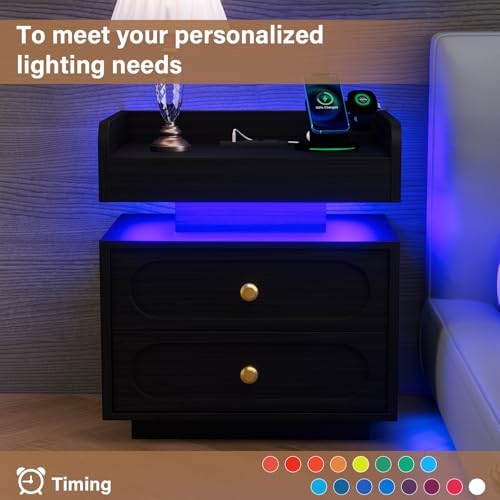 4ever2buy Black Nightstand Set of 2 with Charging Station and LED Lights