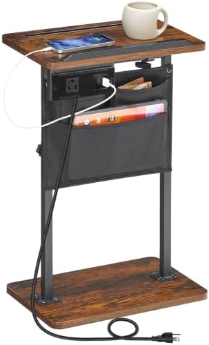 HOOBRO Side Table, Narrow End Table with Charging Station, Height Adjustable Side Table, Tiltable Surface, Storage Bag, Nightstand for Small Spaces, Living Room, Rustic Brown and Black BF435UBZ01