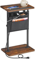 HOOBRO Side Table, Narrow End Table with Charging Station, Height Adjustable Side Table, Tiltable Surface, Storage Bag, Nightstand for Small Spaces, Living Room, Rustic Brown and Black BF435UBZ01