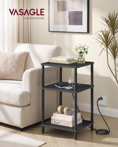 VASAGLE Side Table with Charging Station, 3-Tier Small Tall End Table