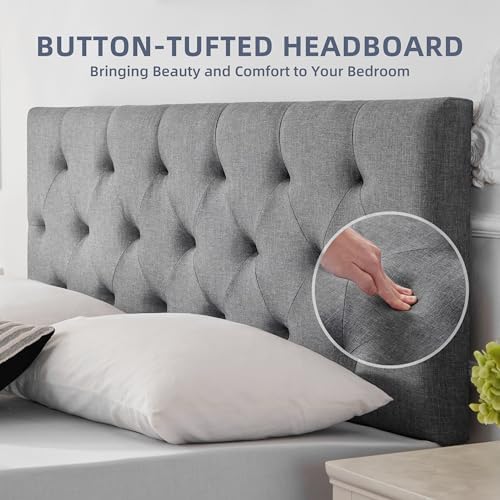 Linen Headboard King Size, Adjustable Height Headboard 37-51 in, Light Gray