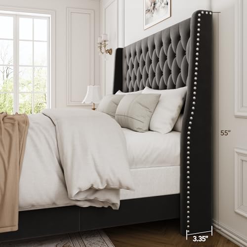 Full Upholstered Bed Frame, 55.4'' Tall Headboard with Wingback