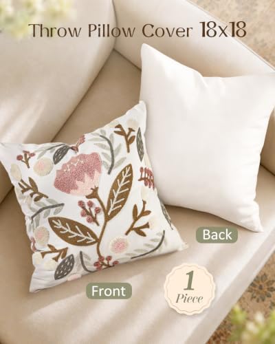 Embroidered Floral Throw Pillow Cover 18x18 Inch, Elegant Flower
