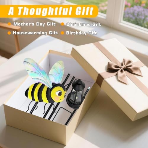 EDOF 32.28in Metal Bee Garden Stakes with Solar Lights Outdoor Decorative