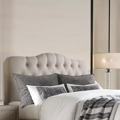Rosevera Mallory Mid-Century Modern Upholstered Fabric Headboard,Diamond Tufted,Adjustable Height, Solid Wood Leg, Linen Fabric Padded Headboard,King,Textile Beige
