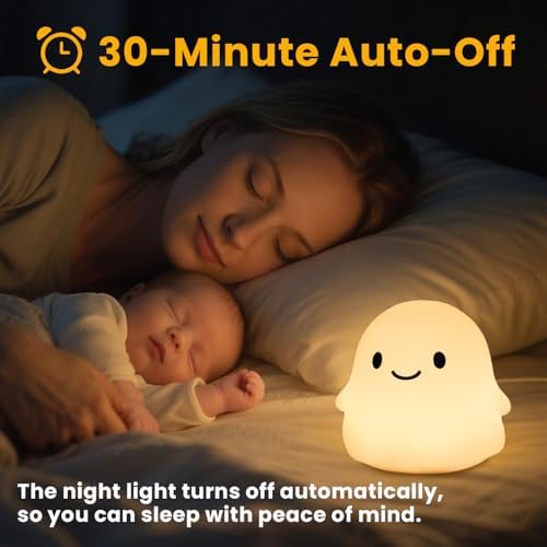 Ghost Night Light for Kids, Cute Squishy Silicone Ghost Lamp, 50-Hour Rechargeable Bedside Light with Tap Control, 2 Brightness Levels, 30-Min Auto-Off Timer, Halloween Gifts