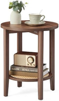 VASAGLE Round Side End Table, 2-Tier Boho Bedside Table with Rattan-Look