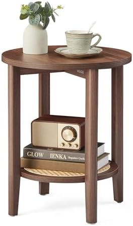 VASAGLE Round Side End Table, 2-Tier Boho Bedside Table with Rattan-Look