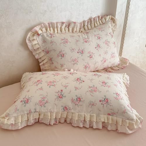BuLuTu Pink Floral Princess Duvet Cover Set King Size, Vintage Farmhouse Style Lace Ruffled Comforter Cover with Zipper and 4 Ties, 100% Cotton Muslin Bedding Set King for Girls Women