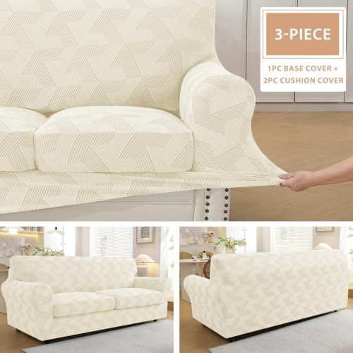 ZNSAYOTX 3 Piece Stretch Couch Covers (72"-90") New-Rectangle Texture, Thick Sofa Covers for 2 Cushion Couch Universal Sofa Slip Cover with Elastic Bottom & Buckle, Washable Protector Beige