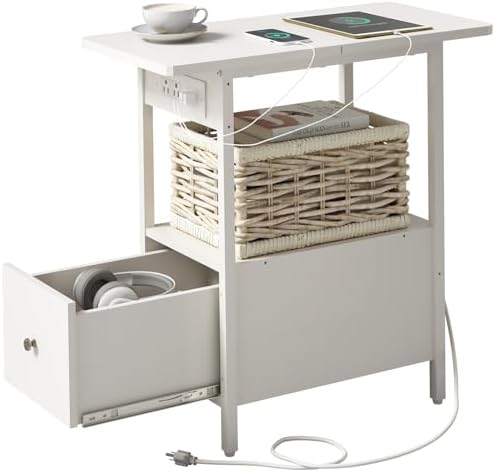 LIDYUK End Table with Charging Station, Narrow Side Table with Drawer