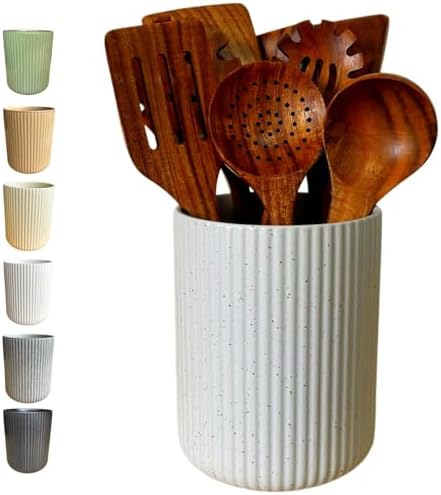 Large Stoneware Kitchen Utensil Holder for Kitchen Counter & Countertop Cooking Utensil Holder Spatula Holder Utensil Crock for Kitchen Counter Vertical Ribbed Fluted Stripe (Speckled White)