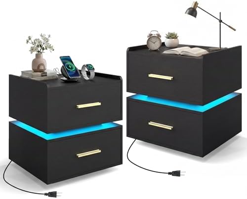 GIANTEX LED Night Stand Set 2 with Charging Station, Semi-Floating Bedside Table w/2 Storage Drawers, USB & Type-C Ports, Modern Couch End Sofa Side Table for Bedroom Small Spaces (Black)