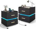 GIANTEX LED Night Stand Set 2 with Charging Station, Semi-Floating Bedside Table w/2 Storage Drawers, USB & Type-C Ports, Modern Couch End Sofa Side Table for Bedroom Small Spaces (Black)