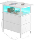sthmec End Table with Charging Station, Narrow Side Table with 2 Drawers, LED Nightstands with Drawers, USB Ports & Power Oulets,Slim Sofa Side Tables for Small Spaces,Living Room,Bedroom,White