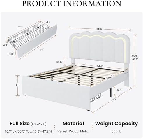 SHA CERLIN Full Size Bed Frame with LED Lights and Storage Drawer, White