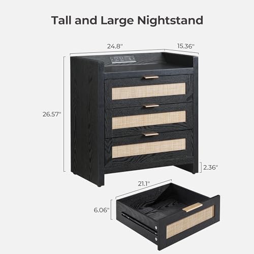 SICOTAS Rattan Nightstand Larger Bedside Table with 3 Drawers