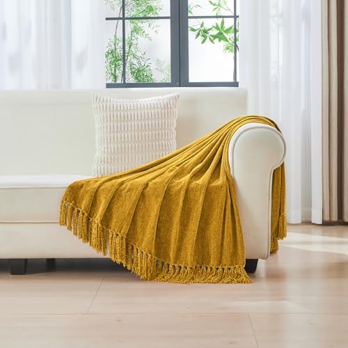 CozeCube Chenille Throw Blanket, Harvest Gold Fringe Blanket, 50"X60"