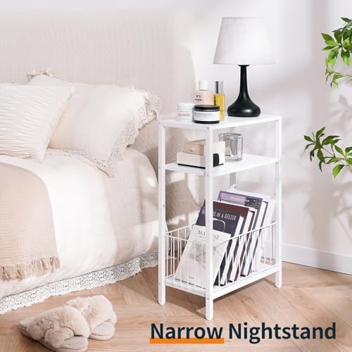 Narrow Side Table with Storage Basket Small End Table for Small Space,White