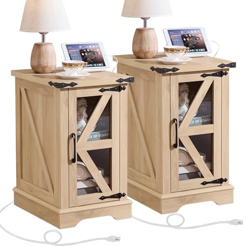 Joaxswe Narrow Night Stand Set 2 with Charger Station, Glass Barn Door