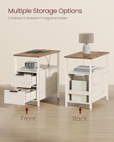 VASAGLE Side End Table with Charging Station, Slim Nightstand with Storage