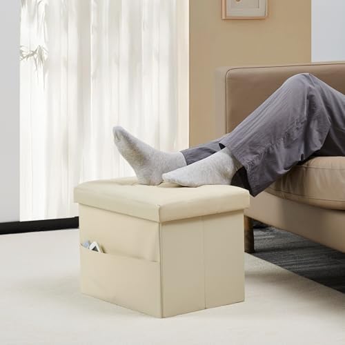 Bsketa Storage Ottoman Bench,17 Inch Folding Leather Foot Rest Stool, Beige
