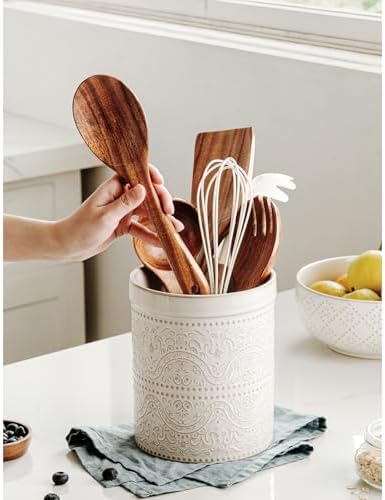 Kitchen Utensil Holder, 7 Inches Large Ceramic Utensil Holder for Countertop, Lace Emboss Cooking Utensil Crocks for Kitchen, Home Decor, Off-White