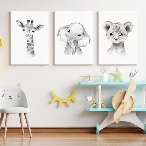 Safari Nursery Wall Art Decor Baby Animal Canvas Wall Art Baby Room Nursery Pictures Kids Artwork Safari Jungle Animal Prints Giraffe Elephant Tiger Painting for Bedroom 12x16x3 Inch Wrapped Canvas