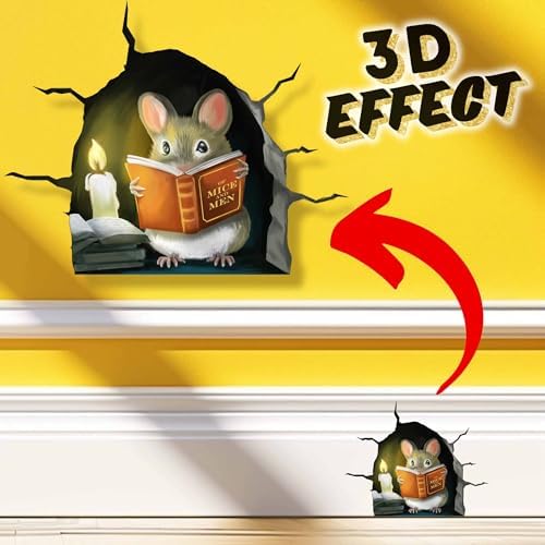 Micesterpiece 3D Mouse Reading Book in Mouse Hole, Cracked Wall, Decal Sticker, Removable Wall Decor, Book Lover Gift Idea, Baseboard, Wall Sticker Decal, 001CRACKS