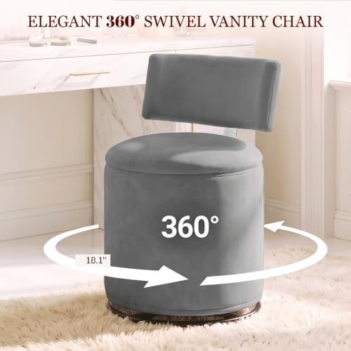 Swivel Vanity Chair with Storage, Velvet Makeup Stool with Higher Back for Living Room, Bedroom, Dressing, Grey