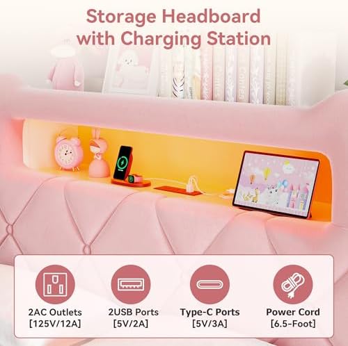 Full Upholstered LED Bed Frame with 2 Storage Drawers and 2-Tier Storage Headboard, Velvet Princess Platform Bed with Charging Station & Bookcase, Heavy Duty Metal Support, No Box Spring Needed, Pink
