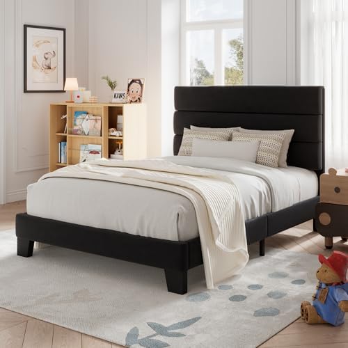 Allewie Twin Size Platform Bed Frame with Velvet Upholstered Headboard