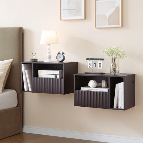 BuildHom Floating Nightstand Set of 2 with Charging Station, Espresso