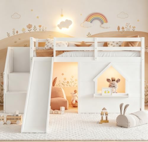 Bellemave Twin Low loft/bunk Bed with Slide and Storage Staircase LED for Kids,Wood Loft Beds,White
