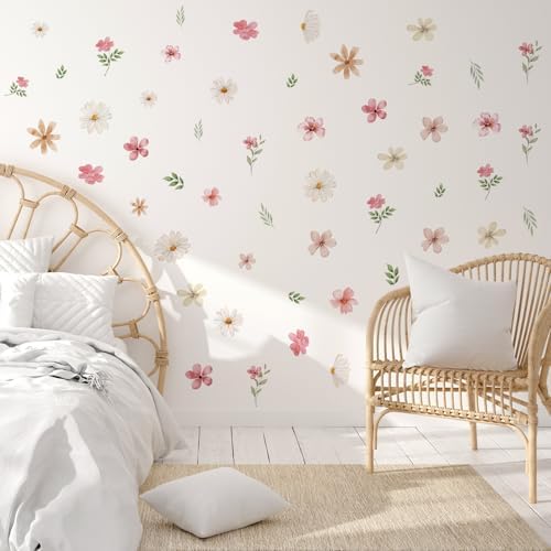Watercolor Daisy Wall Decals for Girls Room, Peel and Stick