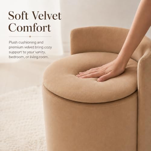 360° Swivel Makeup Chair with Storage, Upholstered Accent Stool with Back, Round Vanity Stool Ottoman for Living Room, Makeup Room, Bedroom (Khaki)