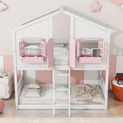 Twin Over Twin House Bunk Bed with Roof and Window, Pink White