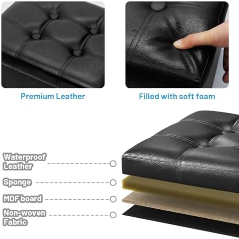 Bsketa Storage Ottoman Bench,15 Inch Folding Leather Foot Rest Stool, Black