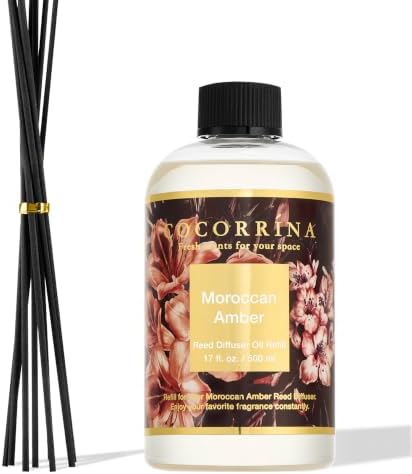 Cocorrína Reed Diffuser Refill Moroccan Amber 17oz (500ml) with 8 Sticks - Premium Long-Lasting Scented Oil, Home Fragrance for Bedroom, Bathroom Home Decor