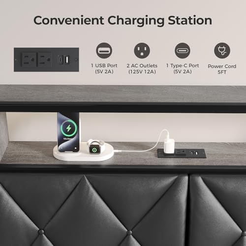 Headboard Full Size with Storage, Charging Station & Lights, Black