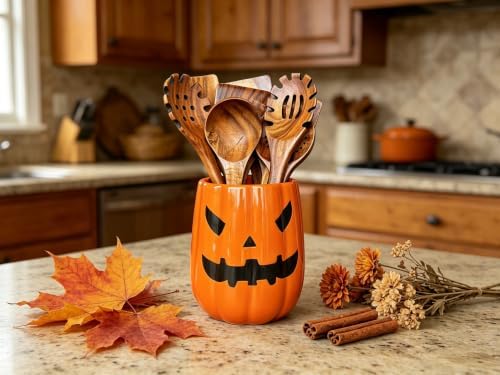 Large Ceramic Kitchen Utensil Holder for Kitchen Counter & Countertop Cooking Utensil Holder Spatula Holder Utensil Crock for Counter Halloween Kitchen Deco and Accessories (Pumpkin with Pattern)