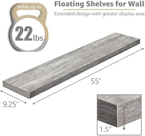 Sorbus Floating Shelves for Wall Storage (55 Inch, 3 Pack, Gray)